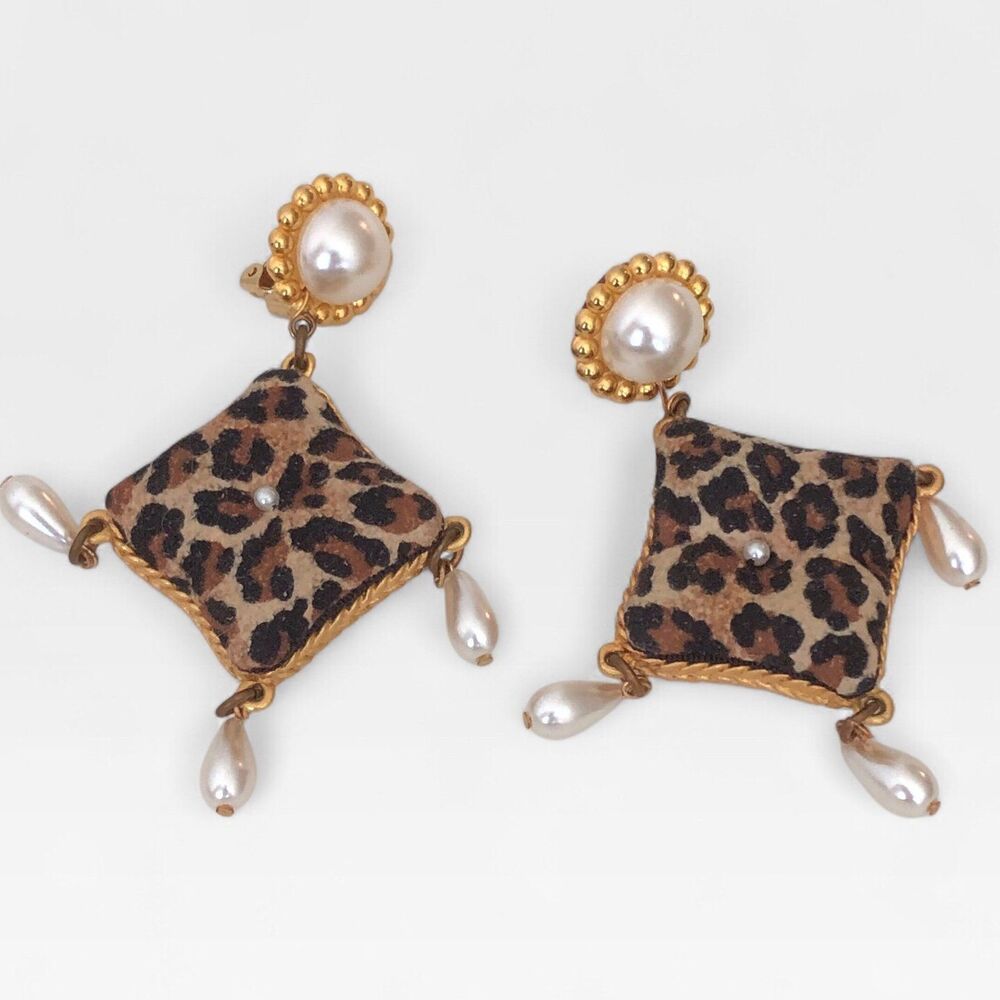Stewart Lucas Faux Pearl Leopard Print Runway Clip-on Earrings